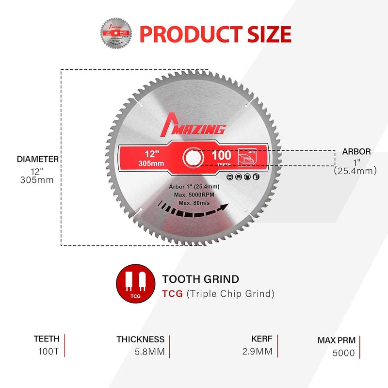 MAZING 12 Inch 100T Circular Saw Blades, Aluminum Cutting TCT Miter Saws Blades with 1 Inch Arbor, TCG Grind Metal Saw Blade for Aluminum Plastic Non-Ferrous Metals - Image 2